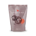 A 1kg bag of Sweetbird Caffé Frappe Mix features a brown design with white text and graphics. Tailored for baristas, the packaging highlights a vegan symbol and café-themed elements such as a bird and coffee cup icon.