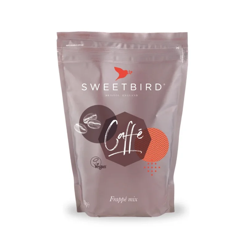 A 1kg bag of Sweetbird Caffé Frappe Mix features a brown design with white text and graphics. Tailored for baristas, the packaging highlights a vegan symbol and café-themed elements such as a bird and coffee cup icon.