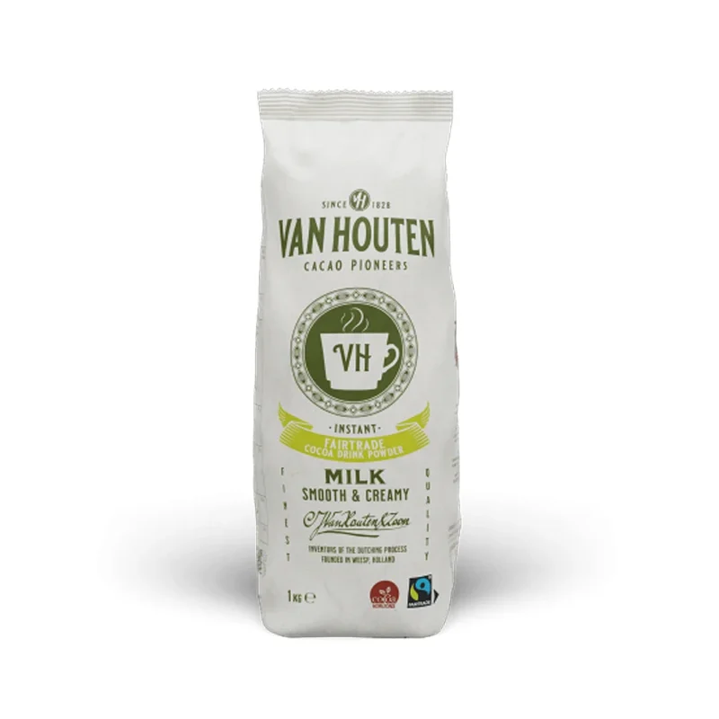 The Van Houten VH8 Milk Hot Chocolate, available in both 1kg and 10kg sizes, comes in a white bag ideal for a café setting or the home barista. The packaging prominently displays the Van Houten logo and emphasizes "Milk Smooth & Creamy," along with boasting Fairtrade and UTZ certifications.