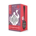 Discover Clipper English Breakfast Tea Tagged & Enveloped, featuring 25 tea bags in a purple and red box adorned with a charming white teapot design and decorative roses. With Fairtrade and organic certifications, it’s an ideal choice for any café.