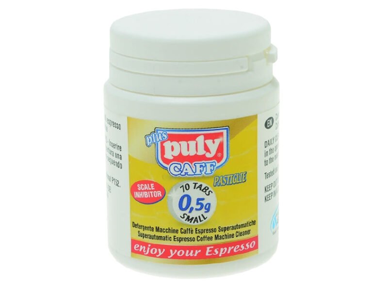 A white container of Puly Caff Tablets, specifically designed for espresso machines, showcases the brand logo along with details like "0.5g" and an instruction set for use. With 10 tabs included, it is ideal for maintaining your barista expertise and ensuring each espresso is of café quality. The bottom text reads, "enjoy your espresso.