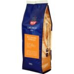 A 1kg bag of Café Rico Blend Espresso Coffee Beans comes in distinctive blue and orange packaging. Ideal for any barista, it offers a light roast with a robust 4-star strength and sources its beans from Colombia, Peru, and Vietnam. The side of the package includes contact information and café social media icons.