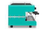 The Tiffany Blue Iberital IB7 2 Group Fully Auto Alto espresso machine features black handles and a sleek, modern design, making it an ideal choice for any café. Its side view showcases metal accents and sturdy feet, perfect for aspiring baristas.