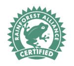 The image shows the Rainforest Alliance Certified logo, commonly seen on products like Birchall Earl Grey Tea Bags. It features a green frog silhouette in the center of a circular emblem with spiked edges, surrounded by the words "RAINFOREST ALLIANCE CERTIFIED.