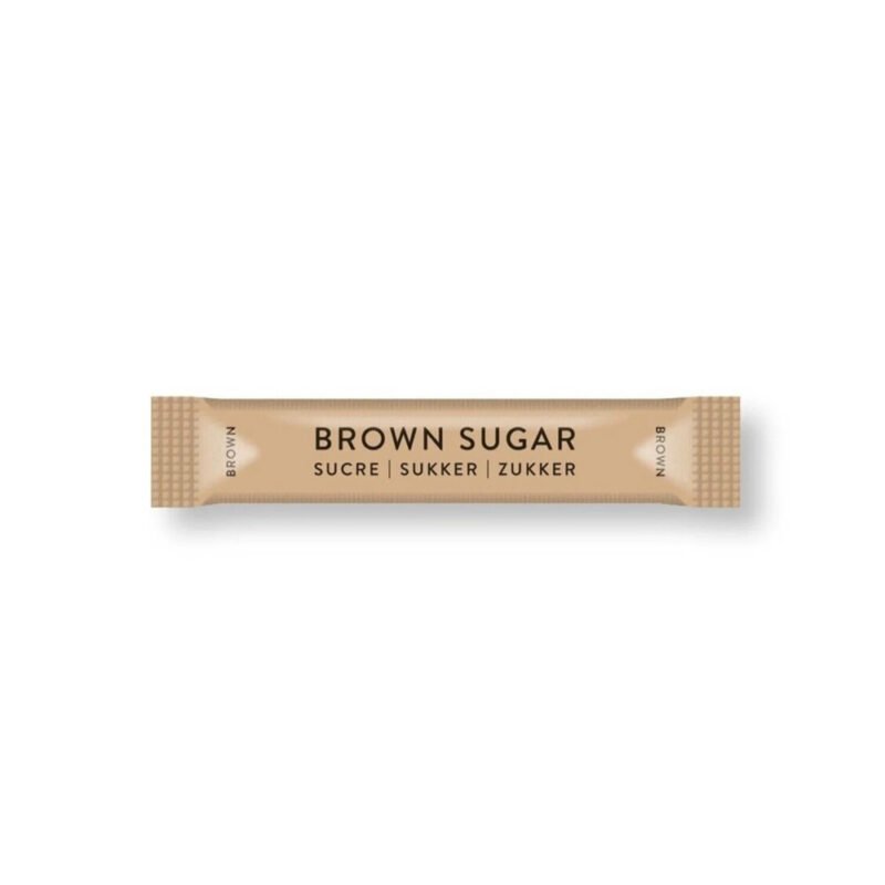 A brown sugar packet featuring the words "Brown Sugar" in black, with translations in French, Norwegian, and Dutch. This simple design on a white background is perfect for any café setting or to complement a barista's touch.