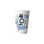 Image of the Takeaway 12oz Double Wall Compostable Aqueous Cup, featuring blue and black aquatic-themed illustrations, including a whale and fish, on a white background. Perfect for any café setting, this cup prominently displays a circular badge with "100% recyclable" text in the center, making it an ideal choice for environmentally conscious baristas.