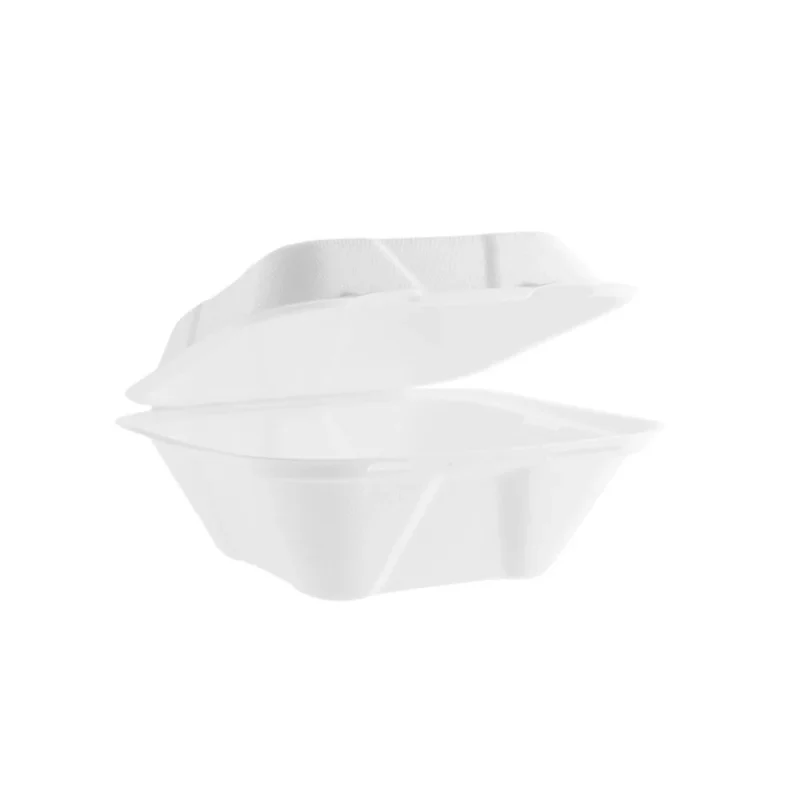 Open white foam food container set against a plain, café-style white background, reminiscent of the minimalist designs often crafted by a skilled barista.