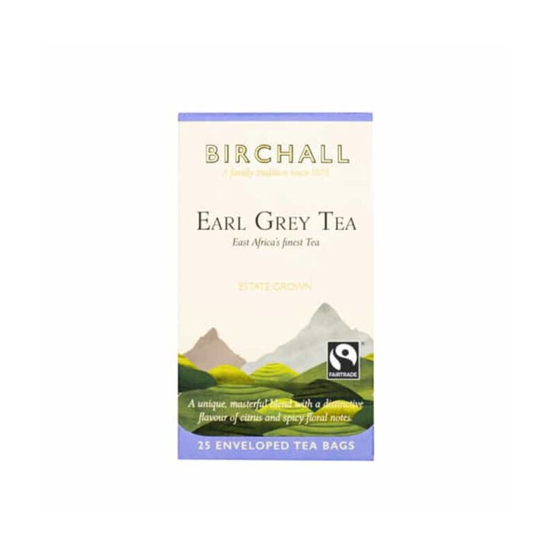 Box of Birchall Earl Grey Tea with 25 enveloped tea bags. The packaging showcases a nature-inspired design with green hills and a mountain, echoing the charm of an artisanal café. Promoting "East Africa's finest tea," it proudly displays a Fairtrade logo.