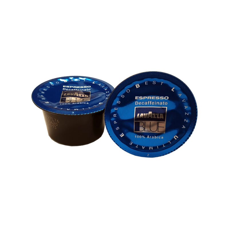 Two blue Lavazza Blue espresso pods labeled "Decaffeinato" with "100% Arabica" text are artfully displayed on a white background, just like a skilled barista might present them in a chic café. One pod stands upright while the other lies flat, showcasing the top label.