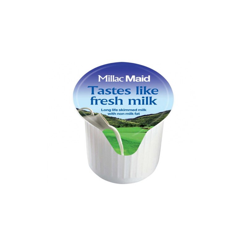 A milk creamer container with a label that reads "Millac Maid Tastes like fresh milk," perfect for any café. The label features an image of a green landscape with a milk splash, ideal for baristas striving to create the freshest coffee experience.