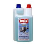 A bottle of Puly Milk Liquid, an essential for every barista's espresso machine milk system. With dual chambers capped in red and blue, the label showcases a coffee machine part and text in Italian—perfect for maintaining café-quality cleanliness.