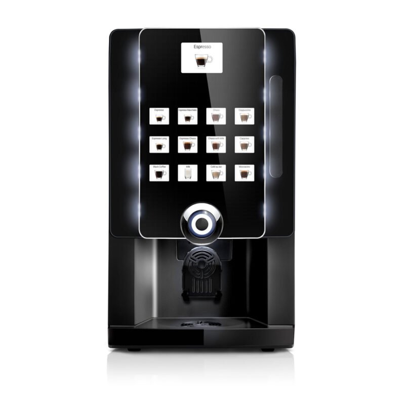 A sleek black coffee machine with a modern design, reminiscent of a barista's station, featuring a digital display and various café-worthy coffee selection buttons.