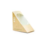 A Deep Fill Sandwich Wedge x 500, featuring a triangular kraft paper design with a clear plastic window, displayed empty against a plain white background. Ideal for café presentations, this wedge offers easy access to its contents, making it an essential tool for baristas.