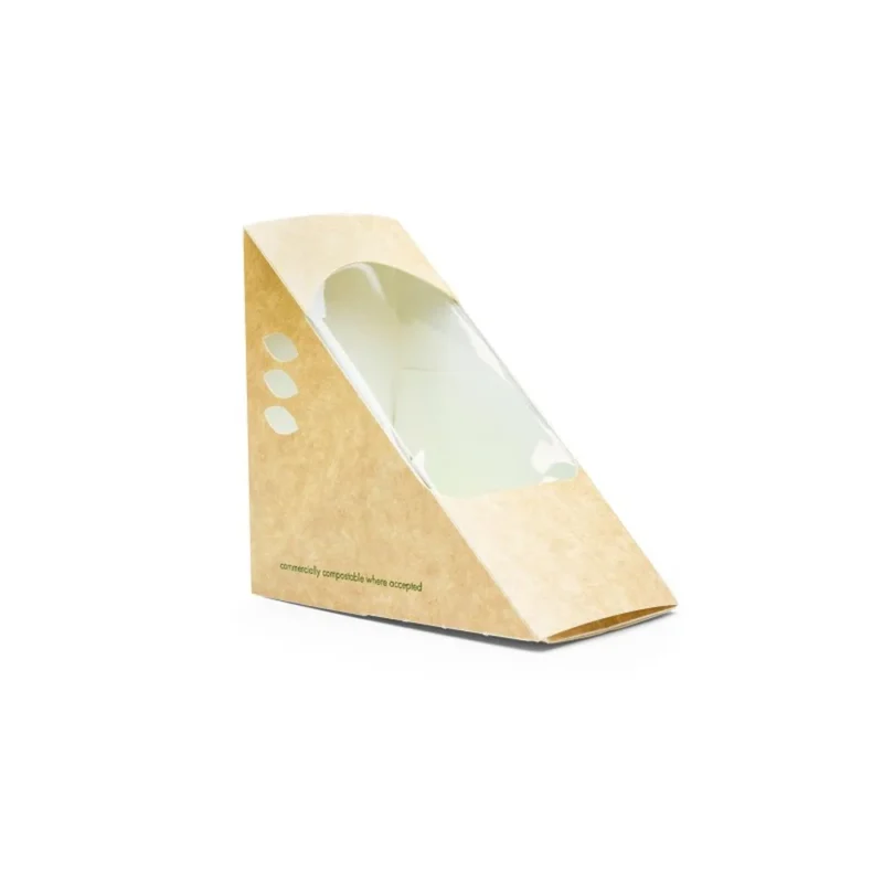 A Deep Fill Sandwich Wedge x 500, featuring a triangular kraft paper design with a clear plastic window, displayed empty against a plain white background. Ideal for café presentations, this wedge offers easy access to its contents, making it an essential tool for baristas.