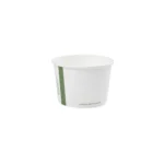 An 8oz Soup Container from a pack of 1000, featuring a white exterior with a green stripe and the text "packaging made from plants," sits ready for its next café adventure. Ideal for baristas committed to sustainability, it rests against a plain white background, highlighting its eco-friendly design.