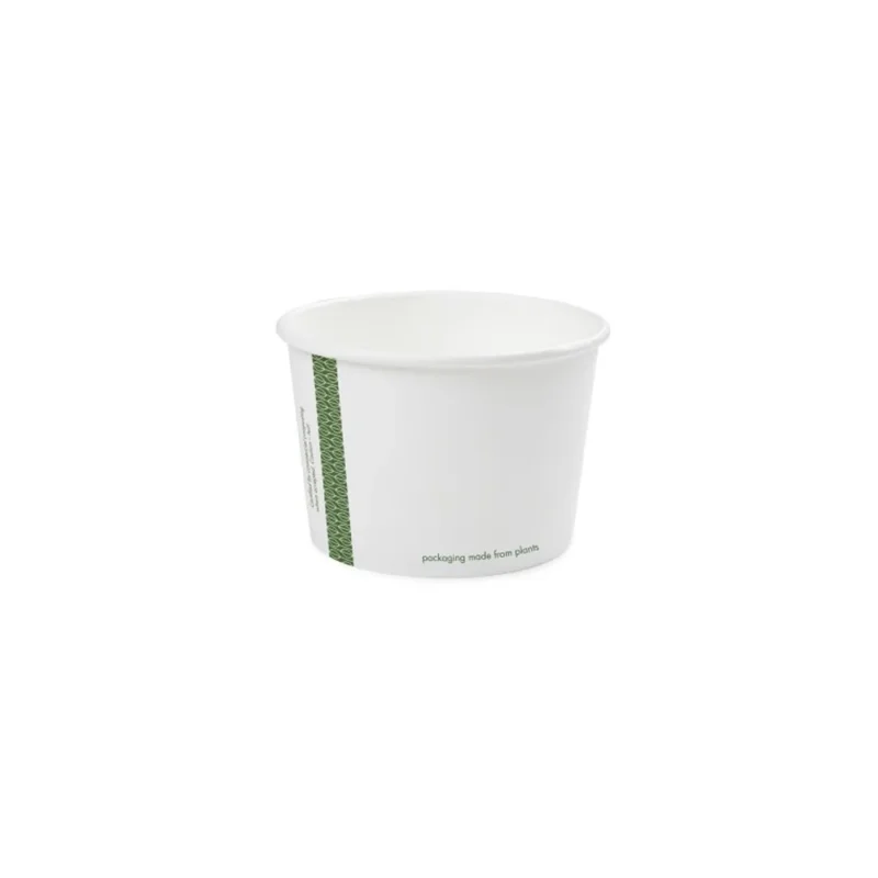 An 8oz Soup Container from a pack of 1000, featuring a white exterior with a green stripe and the text "packaging made from plants," sits ready for its next café adventure. Ideal for baristas committed to sustainability, it rests against a plain white background, highlighting its eco-friendly design.