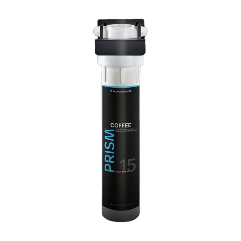 A black cylinder labeled "PRISM Coffee 1.5," perfect for the discerning barista, used for water filtration. The design features a white cap with blue accents on the label, making it an ideal addition to any café's brewing essentials.