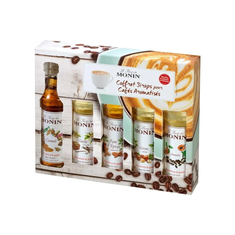 The Monin Coffee Syrup Set 5 x 50ml is an ideal choice for any café barista, offering a selection of five assorted syrups: Caramel, Vanilla, Gingerbread, Hazelnut, and Amaretto. The packaging is decorated with coffee beans and a latte art design.