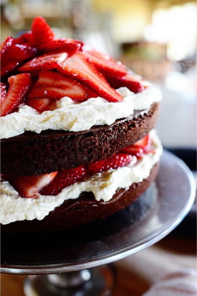 A rich layered chocolate cake filled with fresh cream and sliced fresh starwberries