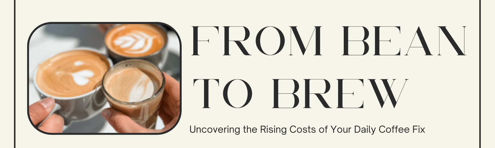 Blog banner showing three cups of coffee, and text reading from bean to brew - uncovering the rising costs of your daily coffee fix